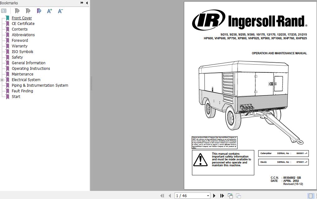 Ingersoll Rand Portable Compressor 9 255 Operation and Maintenance Manual 2012