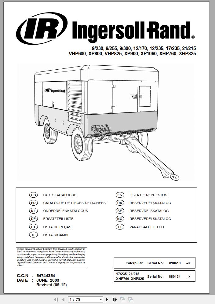 Ingersoll Rand Portable Compressor 9 255 Parts Manual 2012