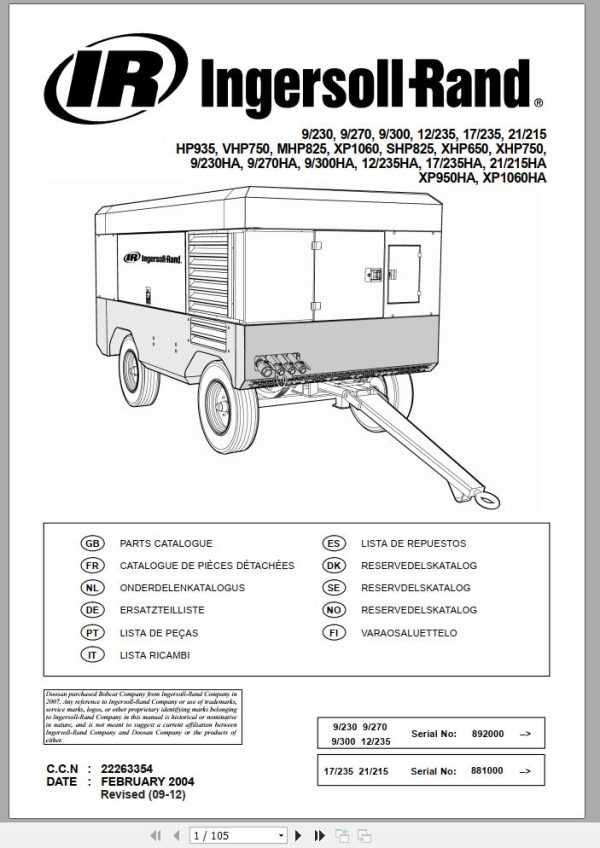 Ingersoll Rand Portable Compressor 9 270 Parts Manual 2018