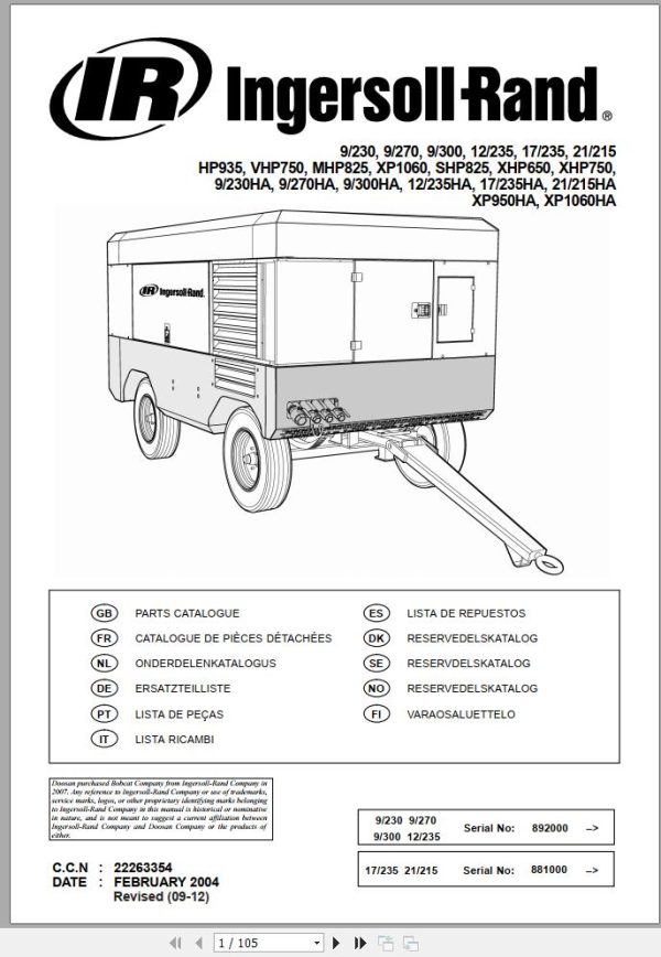 Ingersoll Rand Portable Compressor 9 300 Parts Manual 2018