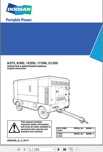 Ingersoll Rand Portable Compressor 9 305 Operation and Maintenance Manual 2014
