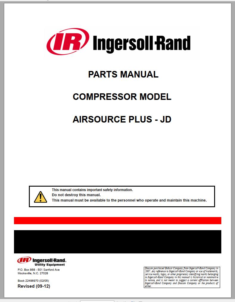 Ingersoll Rand Portable Compressor Airsource Plus Parts Manual Operation and Maintenance Manual 2012