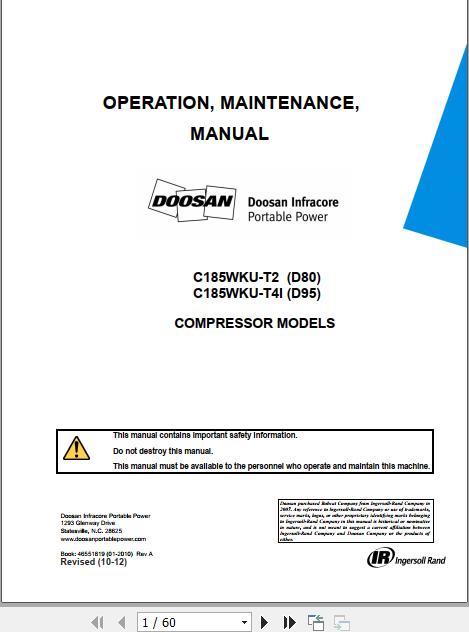 Ingersoll Rand Portable Compressor C185 Operation Maintenance Manual 2012 1