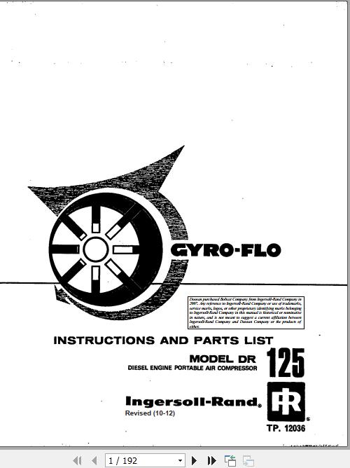 Ingersoll Rand Portable Compressor DR125 Gyro Flo Instructions and Parts List 2012
