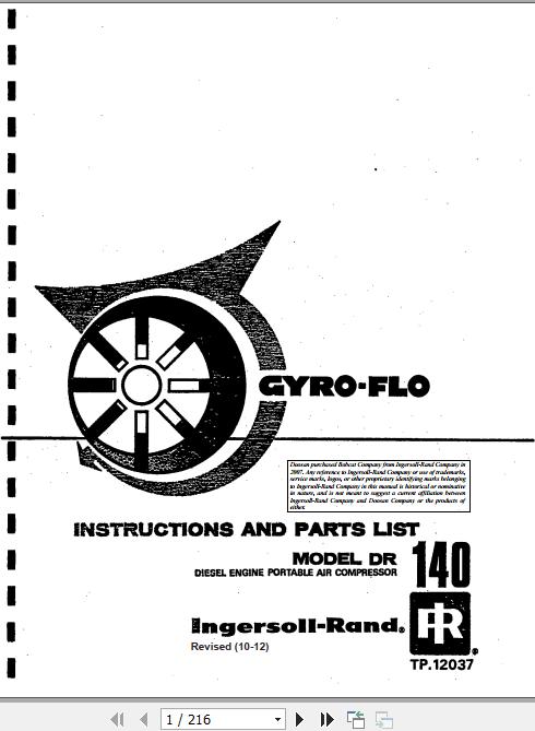 Ingersoll Rand Portable Compressor DR140 Gyro Flo Instructions and Parts List 2012