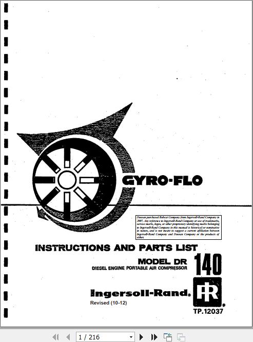 Ingersoll Rand Portable Compressor DR150 Gyro Flo Instructions and Parts List 2012