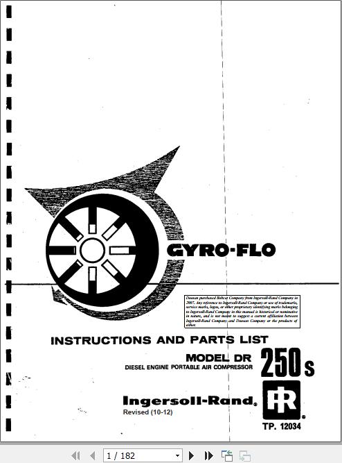 Ingersoll Rand Portable Compressor DR365 Gyro Flo Instructions and Parts List 2012