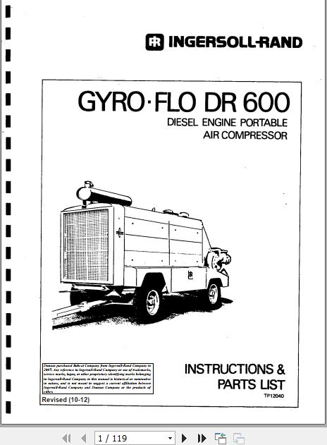 Ingersoll Rand Portable Compressor DR600 Gyro Flo Instructions and Parts List 2012