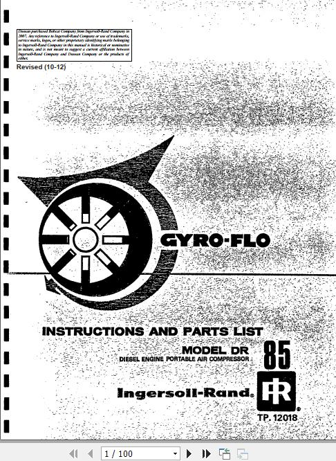 Ingersoll Rand Portable Compressor DR85 Gyro Flo Instructions and Parts List 2012