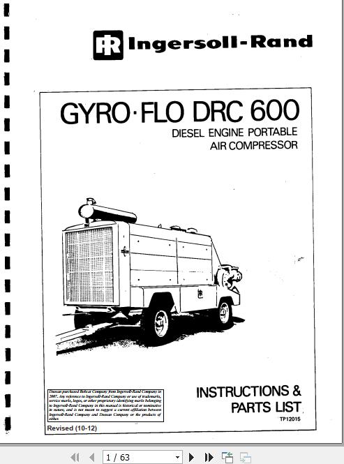 Ingersoll Rand Portable Compressor DRC600 Gyro Flo Instructions and Parts List 2012