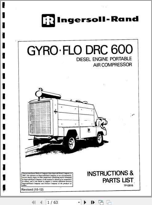 Ingersoll Rand Portable Compressor DRCH480 Gyro Flo Instructions and Parts List 2012