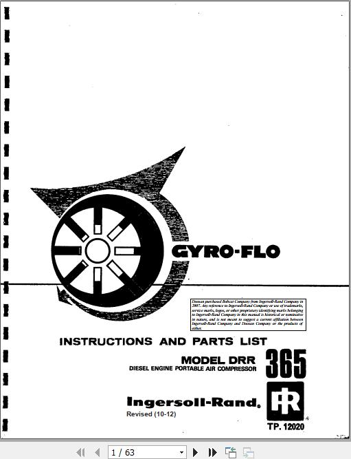 Ingersoll Rand Portable Compressor DRR365 Gyro Flo Instructions and Parts List 2012