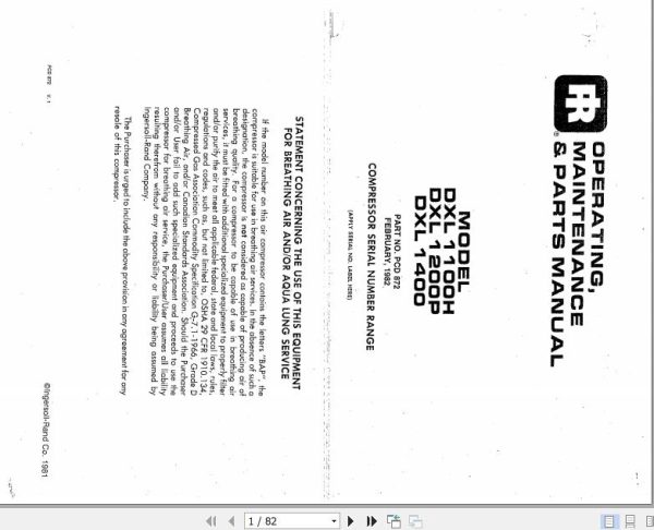 Ingersoll Rand Portable Compressor DXL1100 Gyro Flo Instructions and Parts List 2012