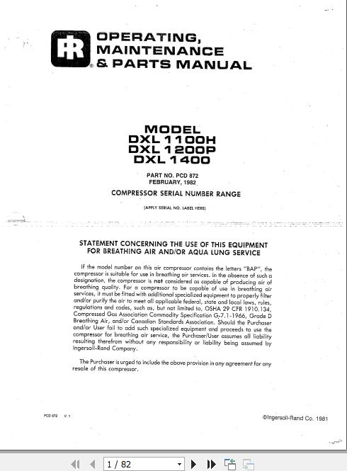 Ingersoll Rand Portable Compressor DXL1200 Gyro Flo Instructions and Parts List 2012
