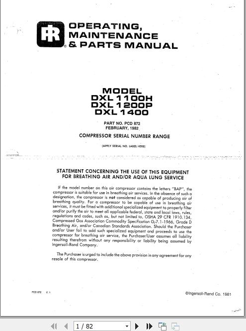 Ingersoll Rand Portable Compressor DXL1400 Gyro Flo Instructions and Parts List 2012