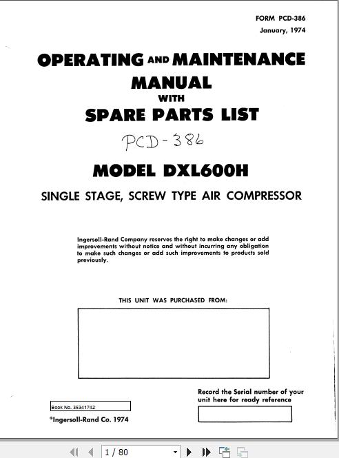 Ingersoll Rand Portable Compressor DXL600 Gyro Flo Instructions and Parts List 2012
