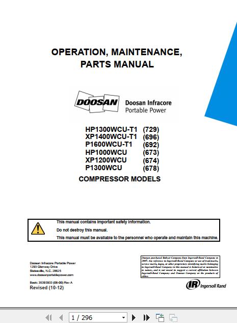 Ingersoll Rand Portable Compressor HP1000 Operation and Maintenance Manual 2012