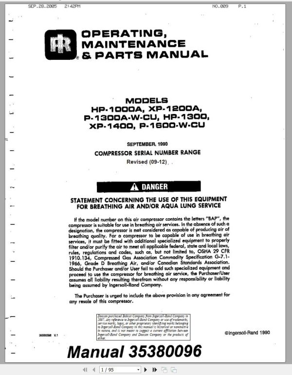 Ingersoll Rand Portable Compressor HP1000 Parts Manual Operation and Maintenance Manual 2005