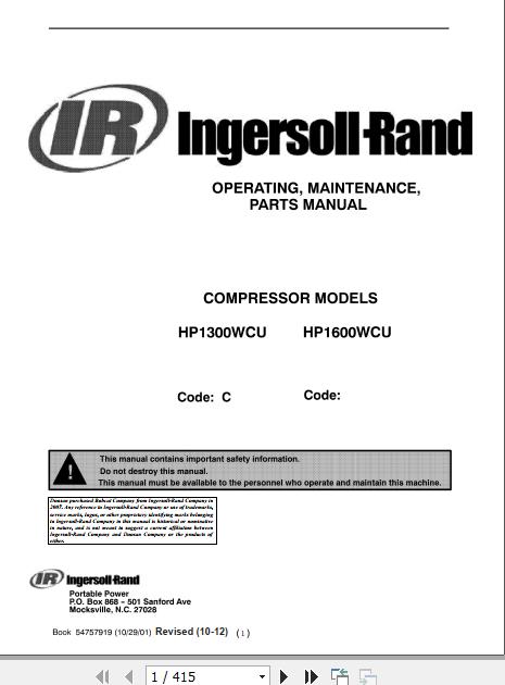 Ingersoll Rand Portable Compressor HP1300 Operation and Maintenance Manual 2012