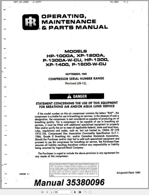 Ingersoll Rand Portable Compressor HP1300 Parts Manual Operation and Maintenance Manual 2012