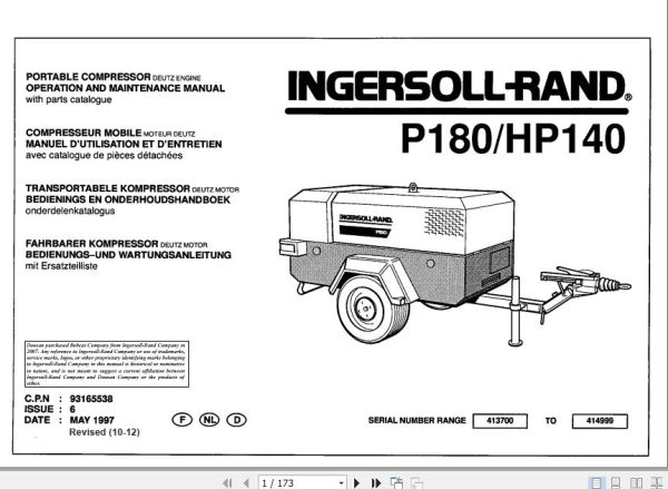 Ingersoll Rand Portable Compressor HP140 Operation and Maintenance Manual 2012 1