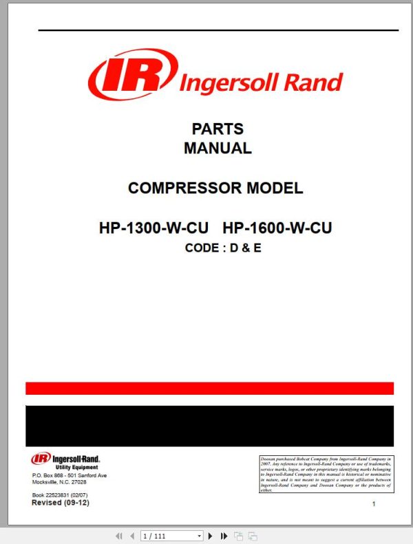 Ingersoll Rand Portable Compressor HP1600 Parts Manual Operation and Maintenance Manual 2015