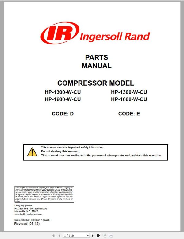 Ingersoll Rand Portable Compressor HP1600 Parts Manual Operation and Maintenance Manual 2015 1