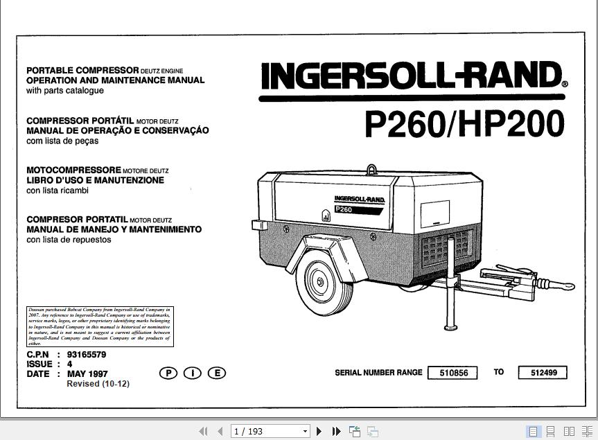 Ingersoll Rand Portable Compressor HP200 Operation and Maintenance Manual 2012