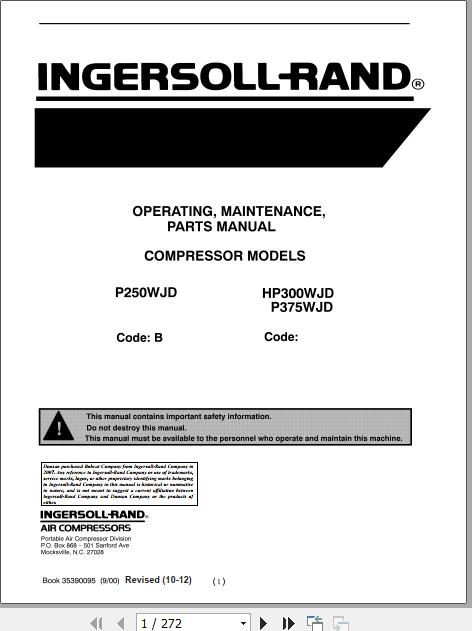 Ingersoll Rand Portable Compressor HP300 Operation Maintenance Parts Manual 2012
