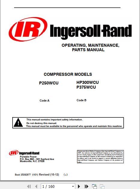 Ingersoll Rand Portable Compressor HP300 Operation Maintenance Parts Manual 2012 1