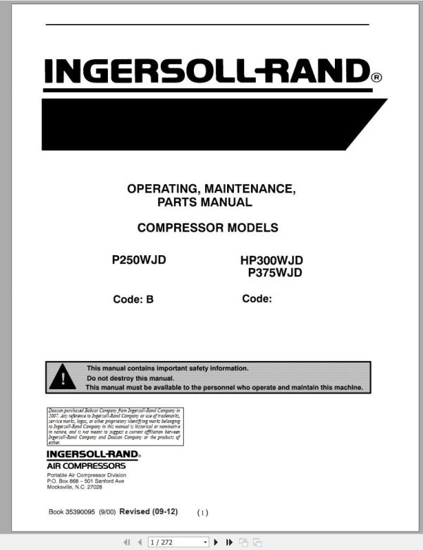 Ingersoll Rand Portable Compressor HP300 Parts Manual, Operation and