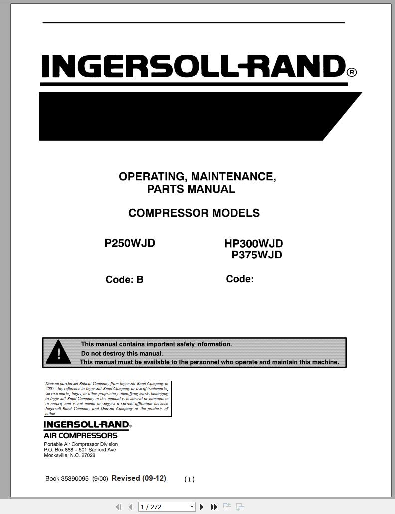 Ingersoll Rand Portable Compressor HP300 Parts Manual Operation and Maintenance Manual 2012