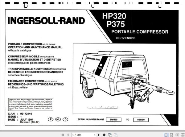Ingersoll Rand Portable Compressor HP320 Operation and Maintenance Manual 2012