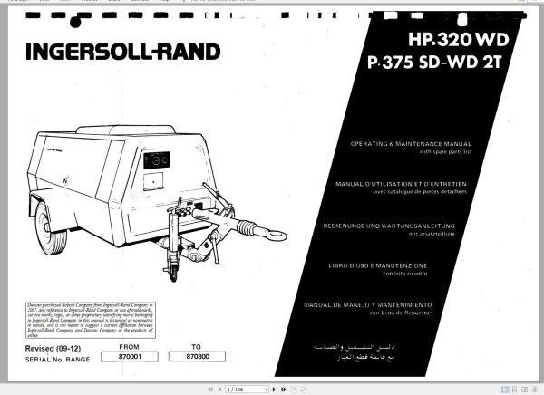 Ingersoll Rand Portable Compressor HP320 Parts Manual Operation and Maintenance Manual 2012