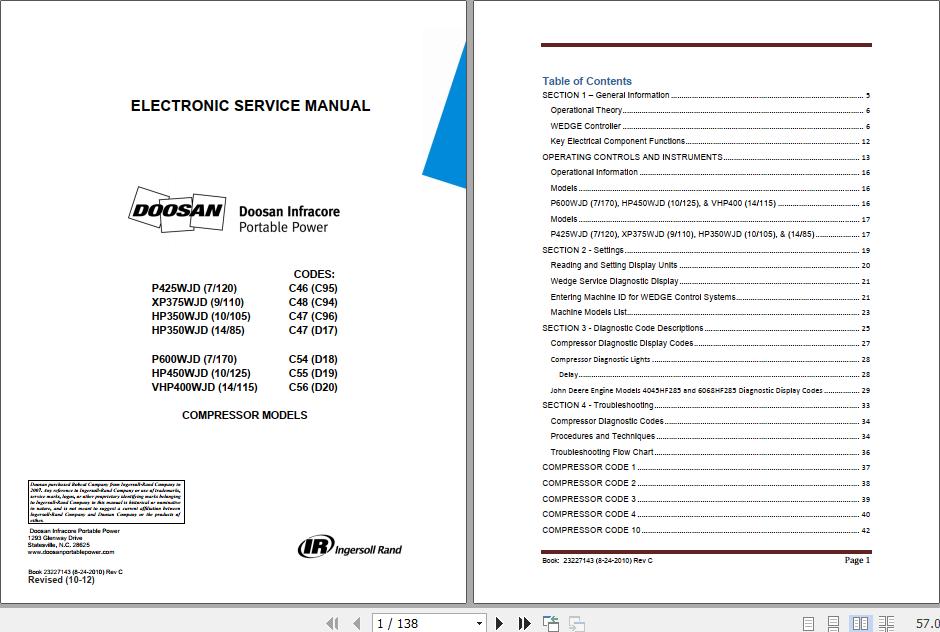 Ingersoll Rand Portable Compressor HP350 Electronic Service Manual 2012