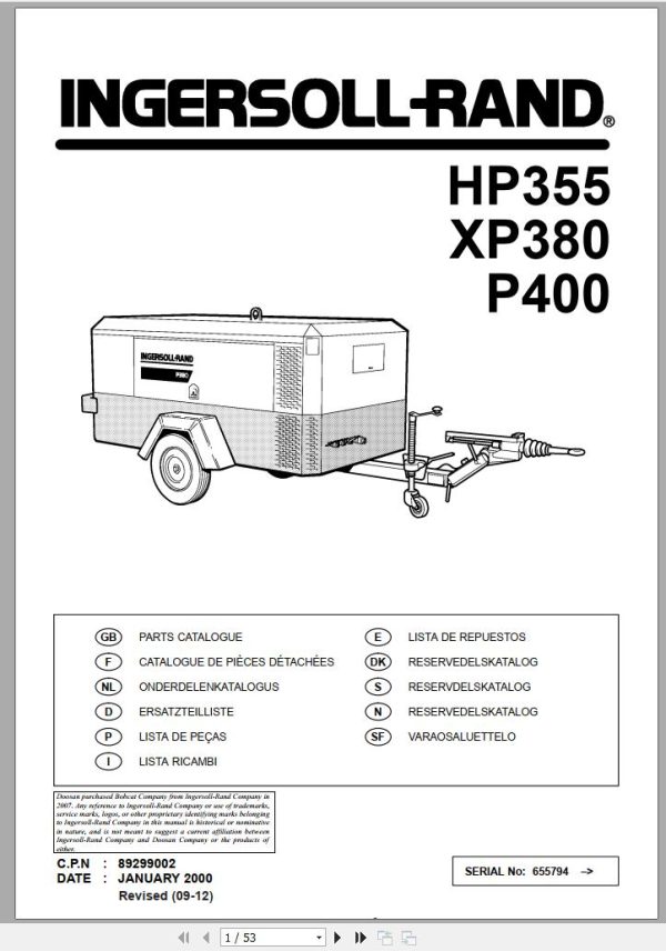 Ingersoll Rand Portable Compressor HP355 Parts Manual 2012