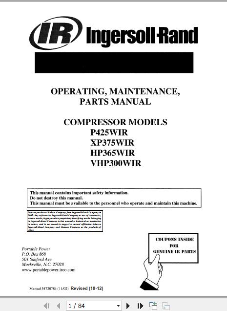 Ingersoll Rand Portable Compressor HP365 Operating Maintenance Parts Manual 2012 1