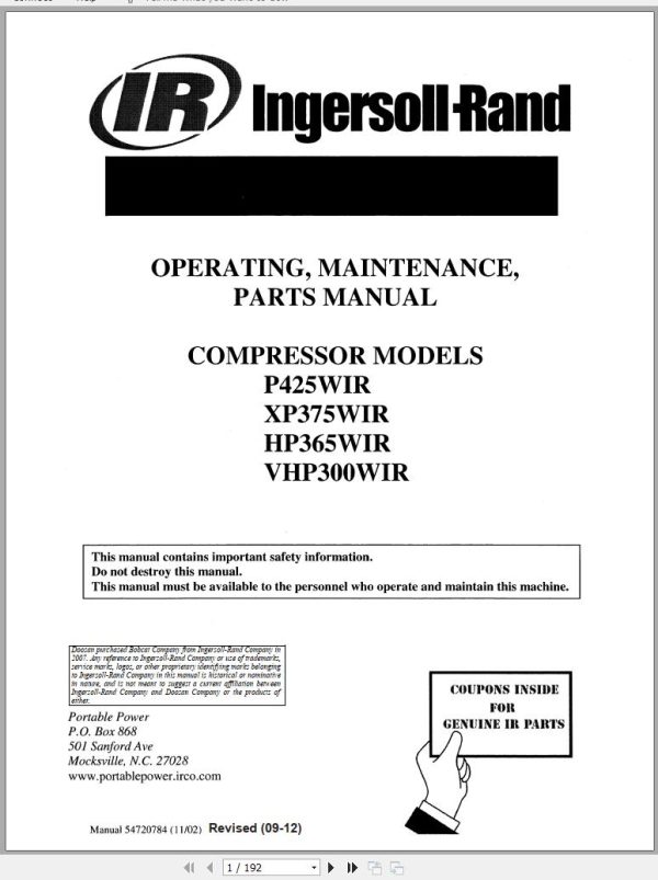 Ingersoll Rand Portable Compressor HP365 Parts Manual Operation and Maintenance Manual 2012