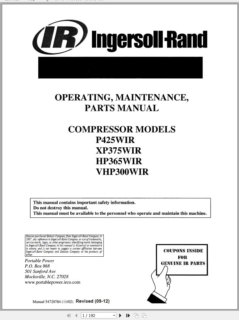 Ingersoll Rand Portable Compressor HP365 Parts Manual Operation and Maintenance Manual 2012