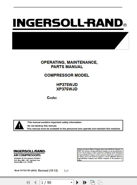 Ingersoll Rand Portable Compressor HP375 Operation and Maintenance Manual 2016