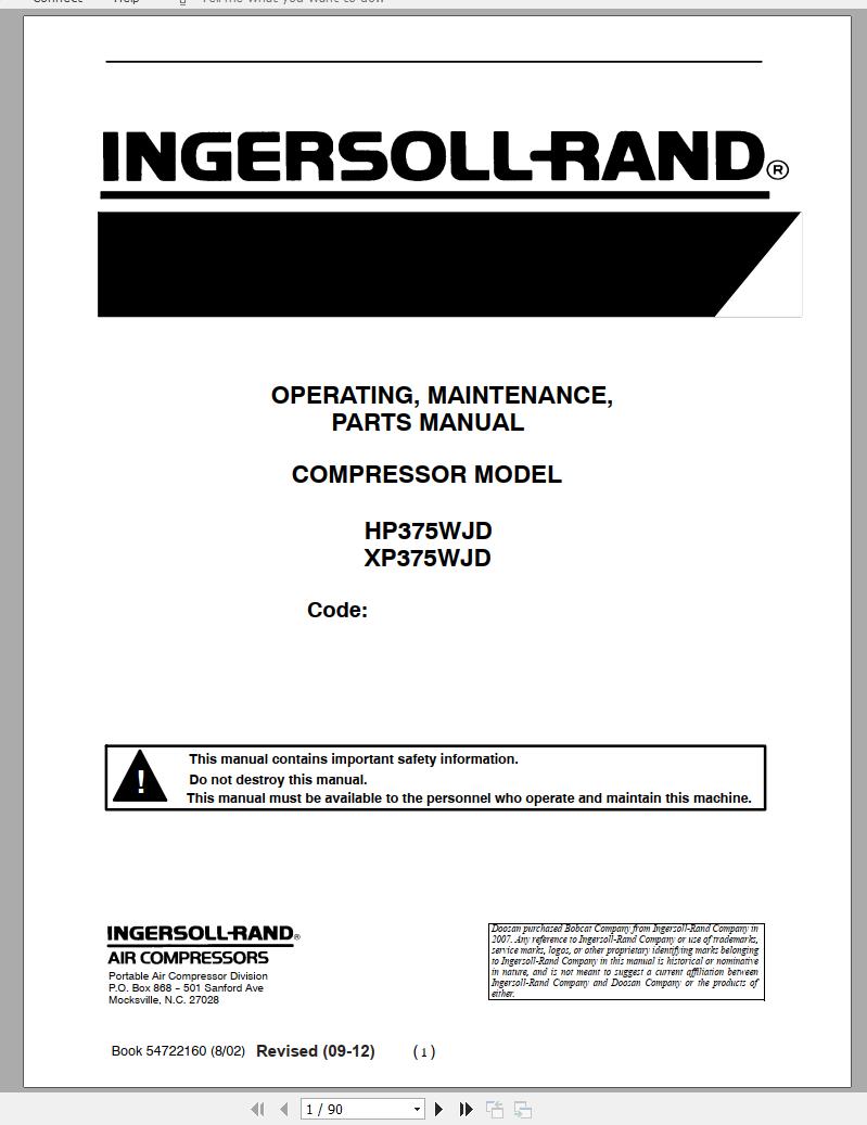 Ingersoll Rand Portable Compressor HP375 Parts Manual Operation and Maintenance Manual 2015