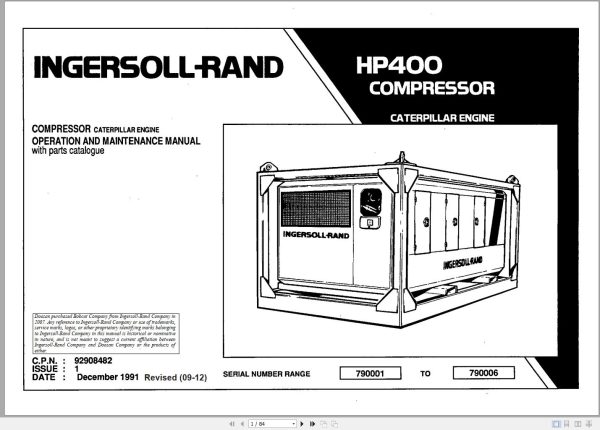 Ingersoll Rand Portable Compressor HP400 Parts Manual Operation and Maintenance Manual 2012