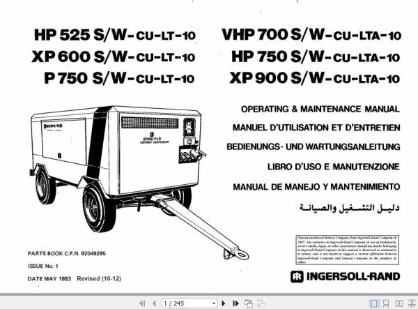 Ingersoll Rand Portable Compressor HP525 Operation and Maintenance Manual 1