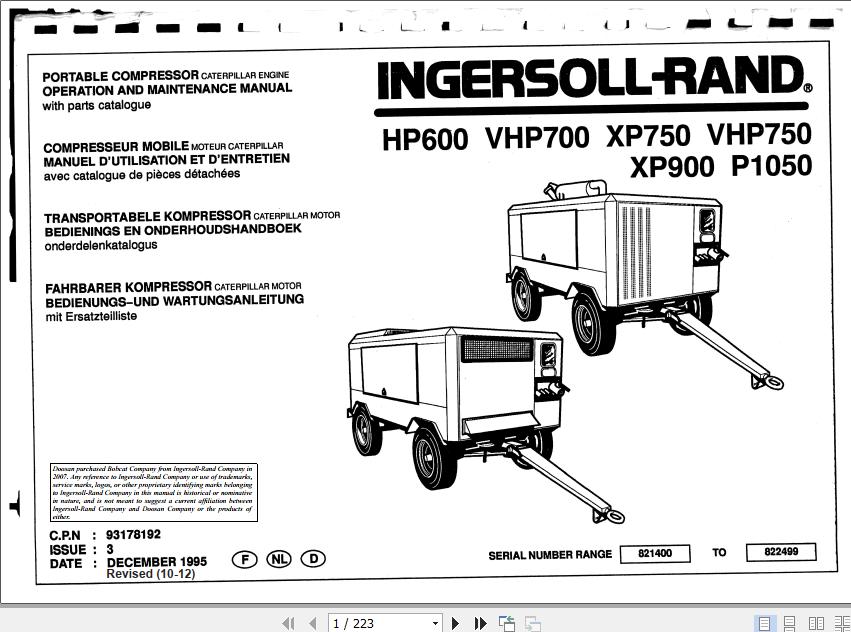 Ingersoll Rand Portable Compressor HP600 Operation and Maintenance Manual 2012