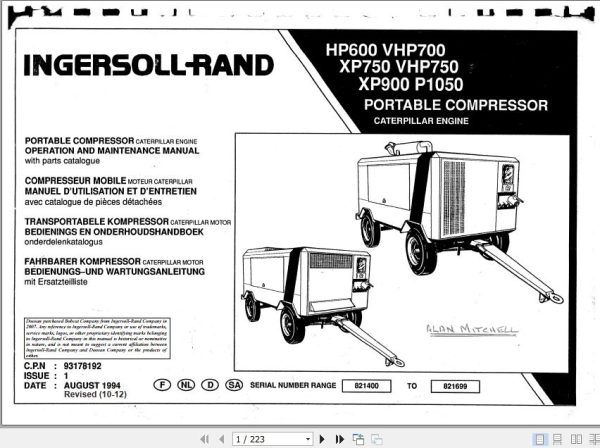 Ingersoll Rand Portable Compressor HP600 Operation and Maintenance Manual 2012 1