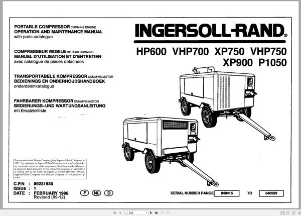 Ingersoll Rand Portable Compressor HP600 Parts Manual Operation and Maintenance Manual 2012
