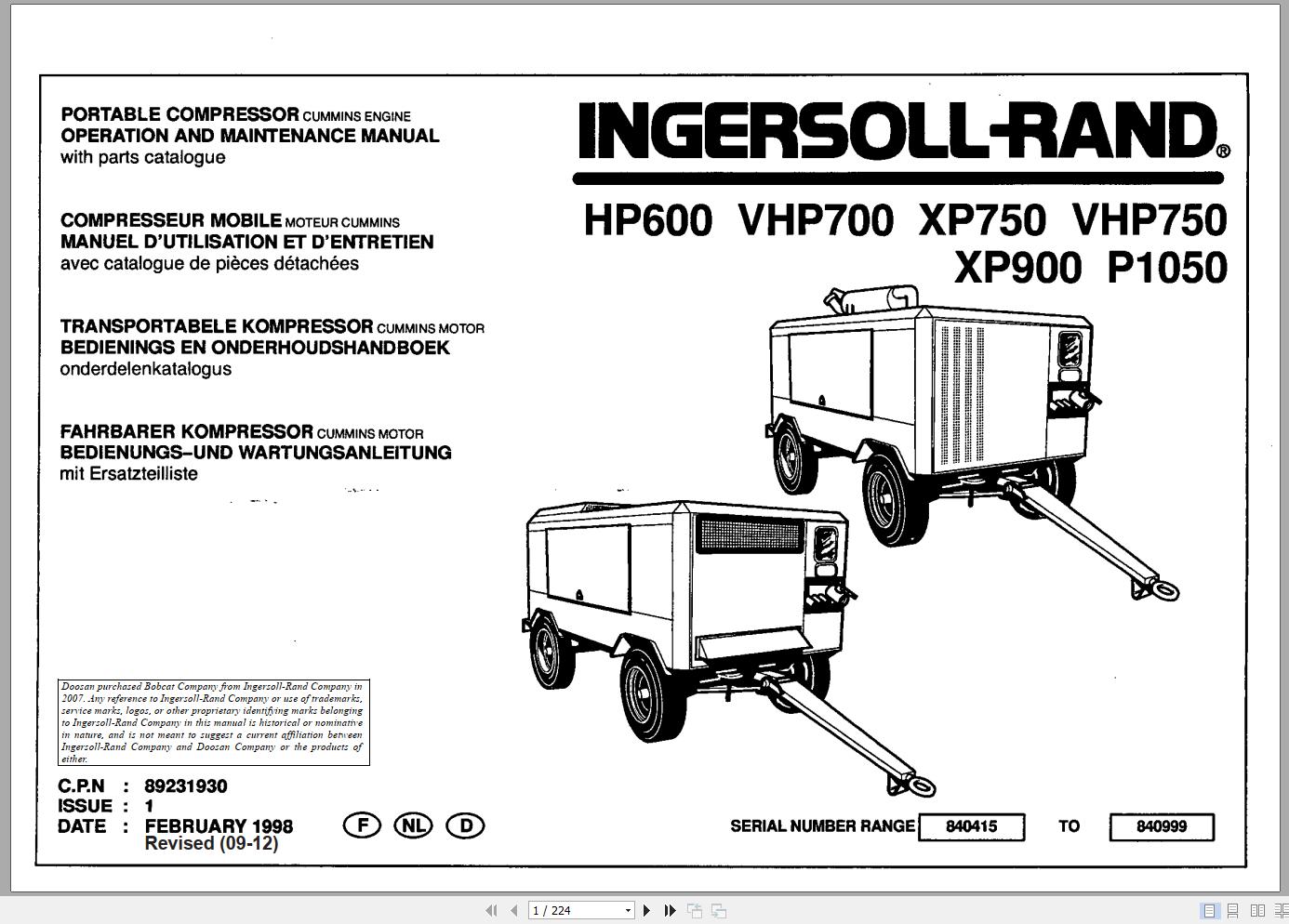 Ingersoll Rand Portable Compressor HP600 Parts Manual Operation and Maintenance Manual 2012