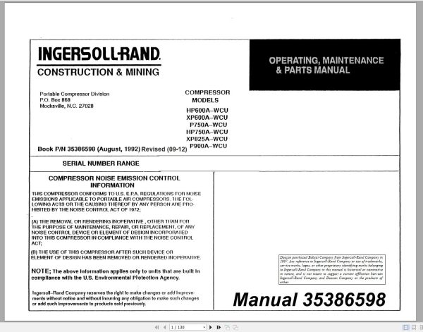 Ingersoll Rand Portable Compressor HP600 Parts Manual Operation and Maintenance Manual 2012 1