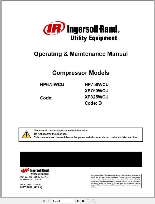 Ingersoll Rand Portable Compressor HP675 Parts Manual Operation and Maintenance Manual 2012