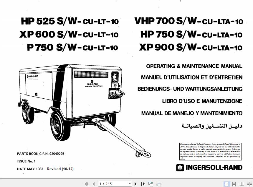 Ingersoll Rand Portable Compressor HP750 Operating and Maintenance Manual 2012